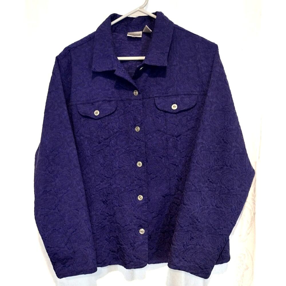 Chico's Purple Embossed Floral Shirt Jacket Button Front Textured Size 2 Large